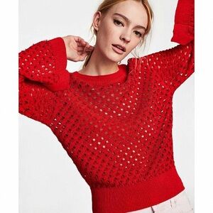 Zara Red Metallic Open Weave Knit Pullover Sweater, S